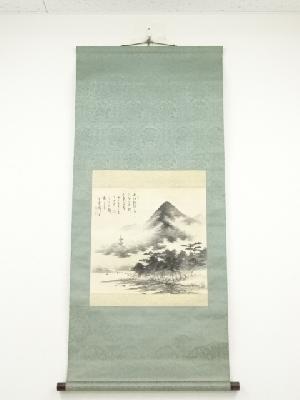 平野古桑筆　夏山煙雨図　肉筆絹本掛軸（共箱）